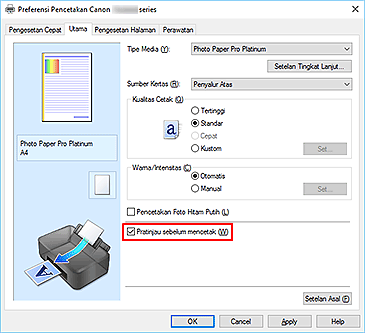 gambar: Kotak centang Pratinjau sebelum mencetak pada tab Utama