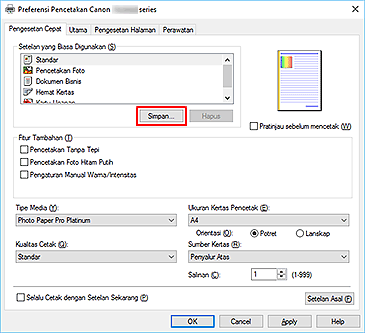 gambar: Simpan... pada tab Pengesetan Cepat