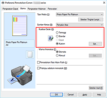 gambar: Pilih pada tab Utama, pilih Kustom untuk Kualitas Cetak