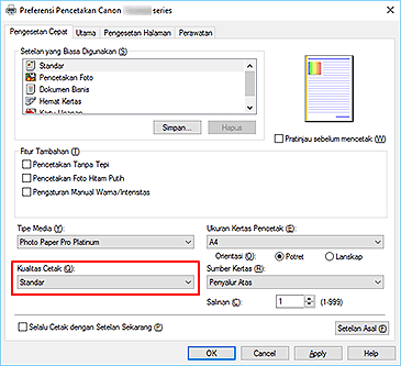 gambar: Kualitas Cetak pada tab Pengesetan Cepat