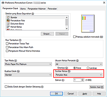 gambar: Sumber Kertas pada tab Pengesetan Cepat