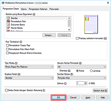 gambar: OK pada tab Pengesetan Cepat