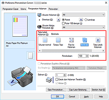 gambar: Pilih Berskala untuk Tata Letak Halaman pada tab Pengesetan Halaman