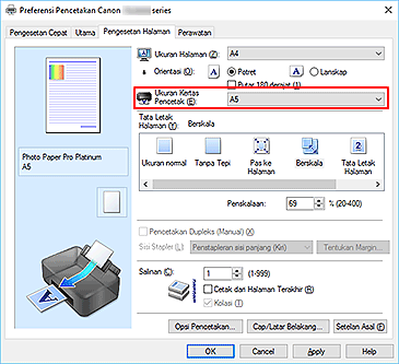 gambar: Ukuran Kertas Pencetak pada tab Pengesetan Halaman