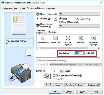 gambar: Penskalaan pada tab Pengesetan Halaman