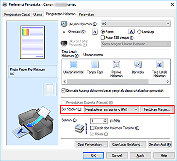 gambar: Sisi Stapler pada tab Pengesetan Halaman