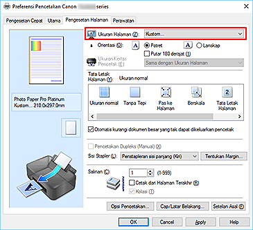 gambar: Pilih Kustom untuk Ukuran Halaman pada tab Pengesetan Halaman