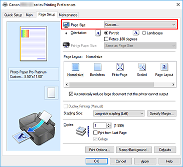 figura:Selectarea Custom pentru Page Size din fila Page Setup