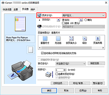 插图：在“页设置”选项卡上将“页尺寸”选择为“用户定义”