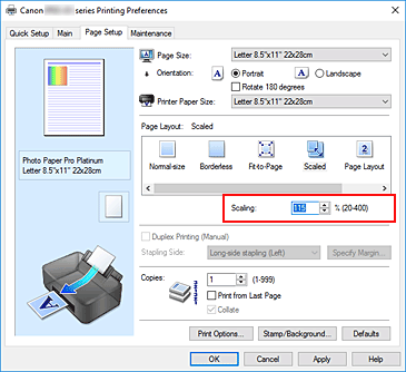 slika: možnost Scaling na kartici Page Setup