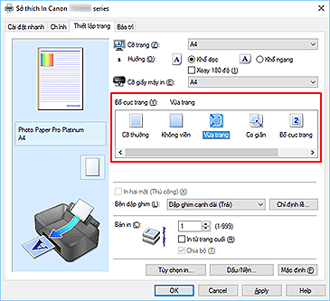 hình: Chọn Vừa trang cho Bố cục trang trên tab Thiết lập trang