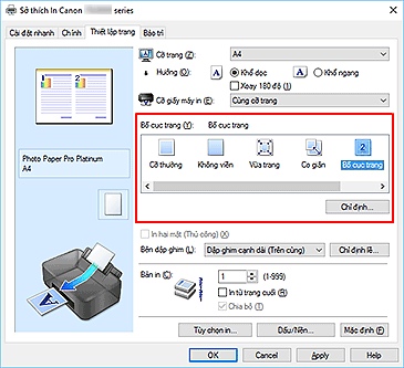 hình: Chọn Bố cục trang cho Bố cục trang trên tab Thiết lập trang