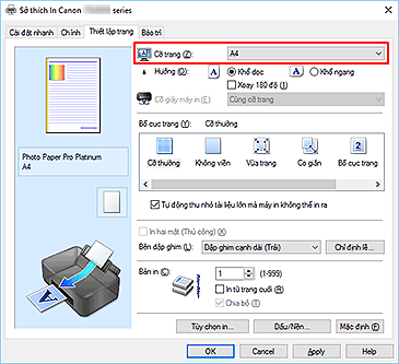 hình: Cỡ trang trên tab Thiết lập trang