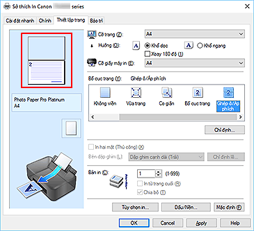 hình: Xem trước Cài đặt được hiển thị trên tab Thiết lập trang