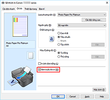 hình: Hộp kiểm Xem trước khi in trên tab Chính