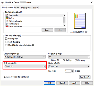 hình: Chất lượng in trên tab Cài đặt nhanh