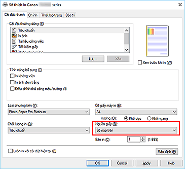 hình: Nguồn giấy trên tab Cài đặt nhanh