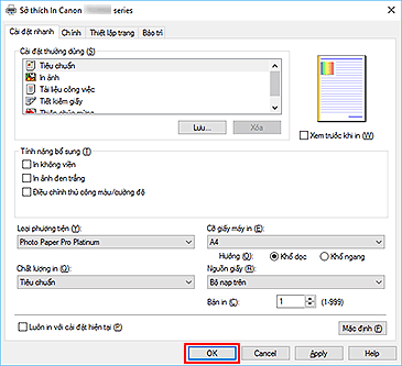 hình: OK trên tab Cài đặt nhanh
