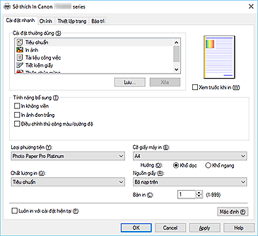 hình: Tab Cài đặt nhanh