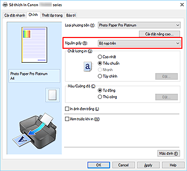 hình: Nguồn giấy trên tab Chính