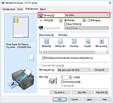 hình: Chọn Tùy chỉnh cho Cỡ trang trên tab Thiết lập trang