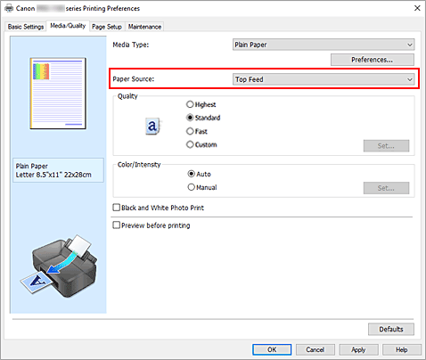الشكل: مصدر الورق (Paper Source) في علامة التبويب الوسائط/الجودة (Media/Quality)