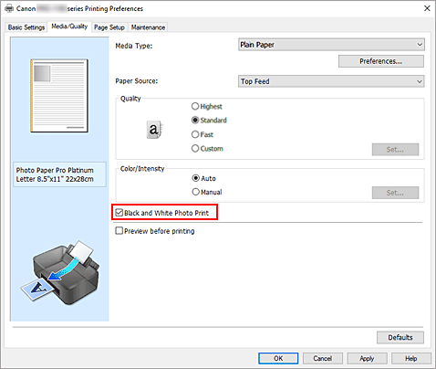 figure:Black and White Photo Print check box on the Main tab