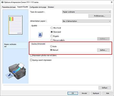 figure : Sélectionnez Manuel pour Couleur/Intensité dans l'onglet Support/Qualité