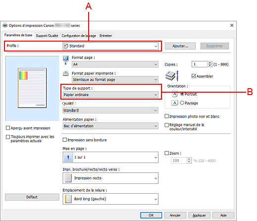 figure&nbsp;: Profils sur l'onglet Paramètres de base