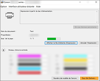 figure&nbsp;: Écran d'état d'imprimante Canon IJ