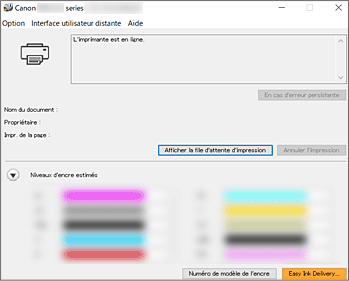 figure&nbsp;: Écran d'état d'imprimante Canon IJ