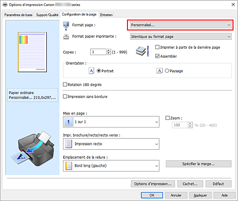 figure&nbsp;: Sélectionnez Personnalisé pour Format page dans l'onglet Configuration de la page.