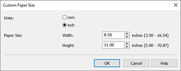 slika: pogovorno okno Custom Paper Size
