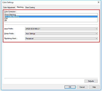 figura: Selecione ICM para Correção de Cores na caixa de diálogo Ajuste de Cores Manual