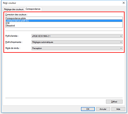 figure&nbsp;: Sélectionnez ICM pour Correction des couleurs dans la boîte de dialogue Réglage des couleurs manuel.
