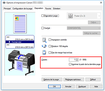 figure : Copies dans l'onglet Configuration de la page