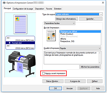 figure : Case à cocher Aperçu avant impression dans l'onglet Principal