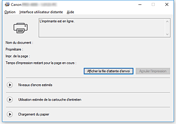 figure : Écran d'état d'imprimante Canon IJ