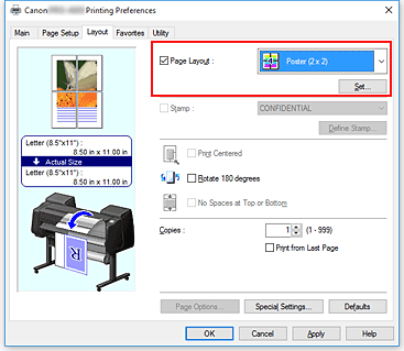 figura:Selecione Pôster (1 x 2) ou Pôster (2 x 2) para Layout da Página na guia Configurar Página