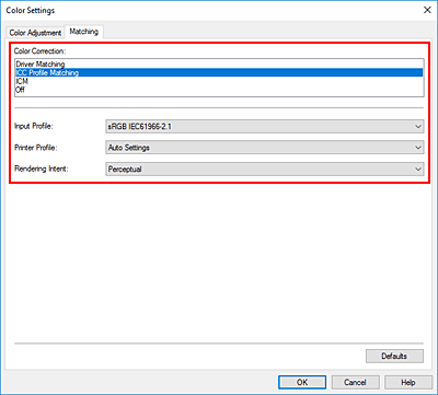 figure:Select ICC Profile Matching for Color Correction in the Manual Color Adjustment dialog box