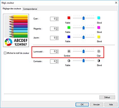 figure : Luminosité dans la boîte de dialogue Réglage des couleurs manuel