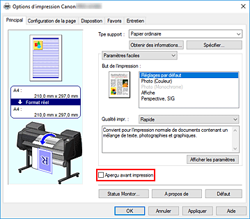 figure : Case à cocher Aperçu avant impression dans l'onglet Principal