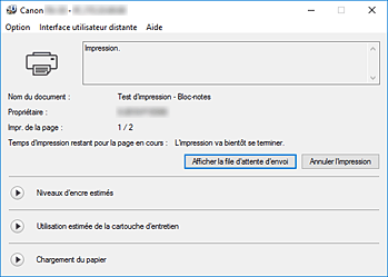 figure : Écran d'état d'imprimante Canon IJ