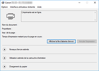 figure : Écran d'état d'imprimante Canon IJ