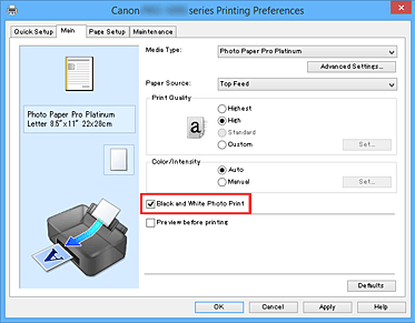 obrázek:políčko pro zaškrtnutí funkce Tisk černobílých fotografií na kartě Hlavní