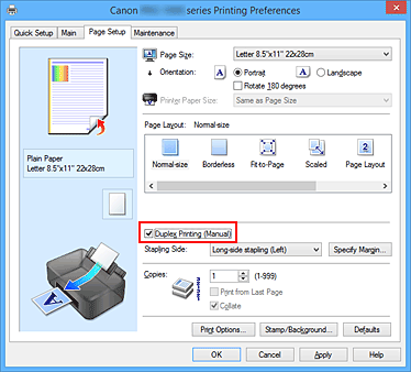 Imagen: casilla de verificación Impresión a doble cara (Manual) de la ficha Configurar página