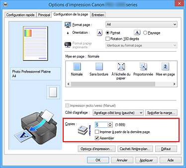 figure&nbsp;: Copies dans l'onglet Configuration de la page