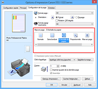 figure&nbsp;: Sélectionnez À l'échelle du papier comme Mise en page dans l'onglet Configuration de la page.