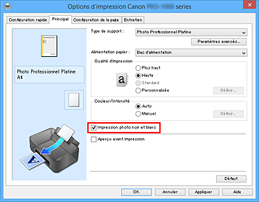 figure&nbsp;: Case à cocher Impression photo noir et blanc dans l'onglet Principal