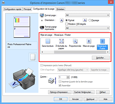 figure&nbsp;: Sélectionnez Mosaïque/Poster comme Mise en page dans l'onglet Configuration de la page.